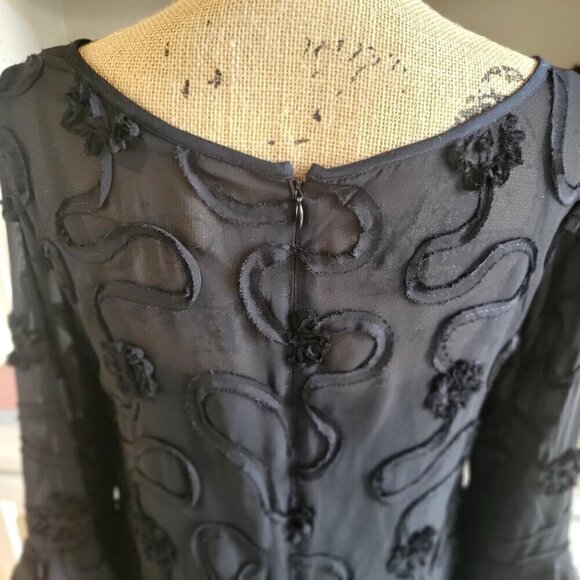 Madison Leigh Dress Black Sheer Top Swirls Ruffled Tiered Sleeves Midi- 8 - Picture 5 of 10